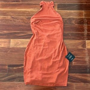 Lulu’s got the Groove Rust Orange Ribbed Halter Bodycon minidress